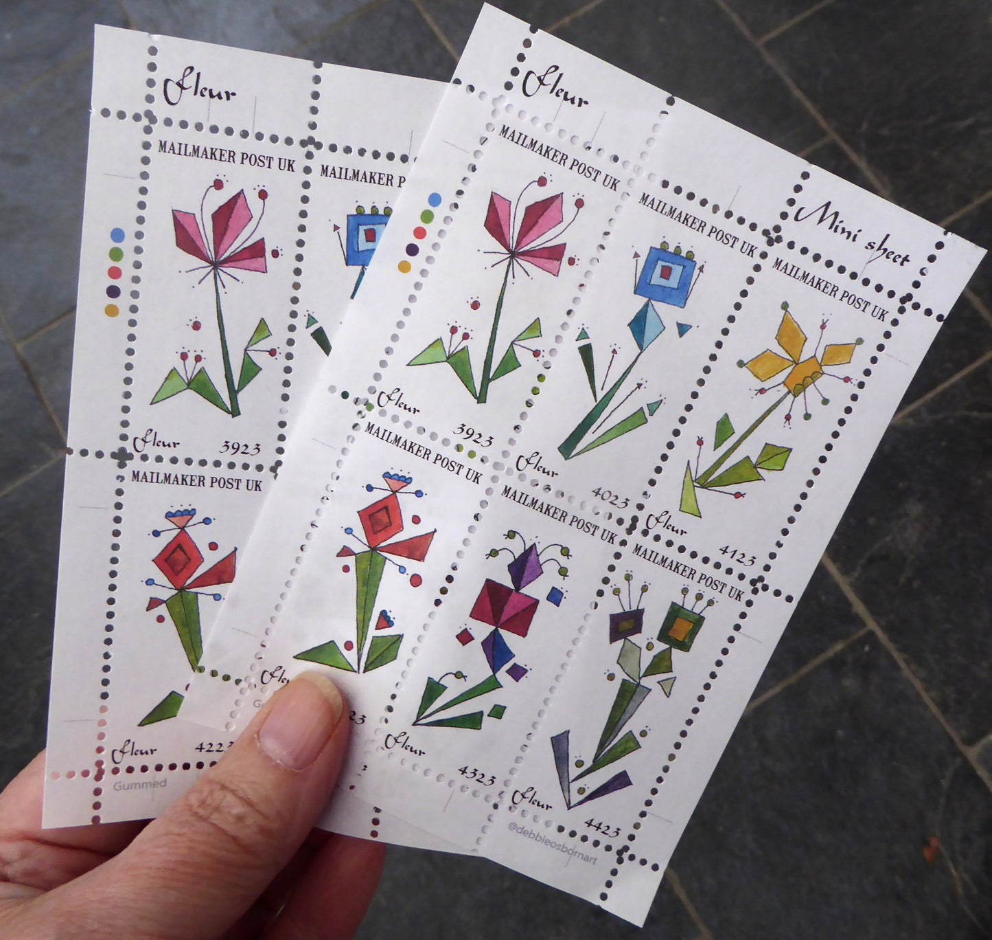 Faux Postage Stamps - 2 sheet set - Flowers - Cinderella Stamps - Snail Mail - Mail Art Stamps - perforated - gummed - Handmade by Norfolk Artist Debbie Osborn