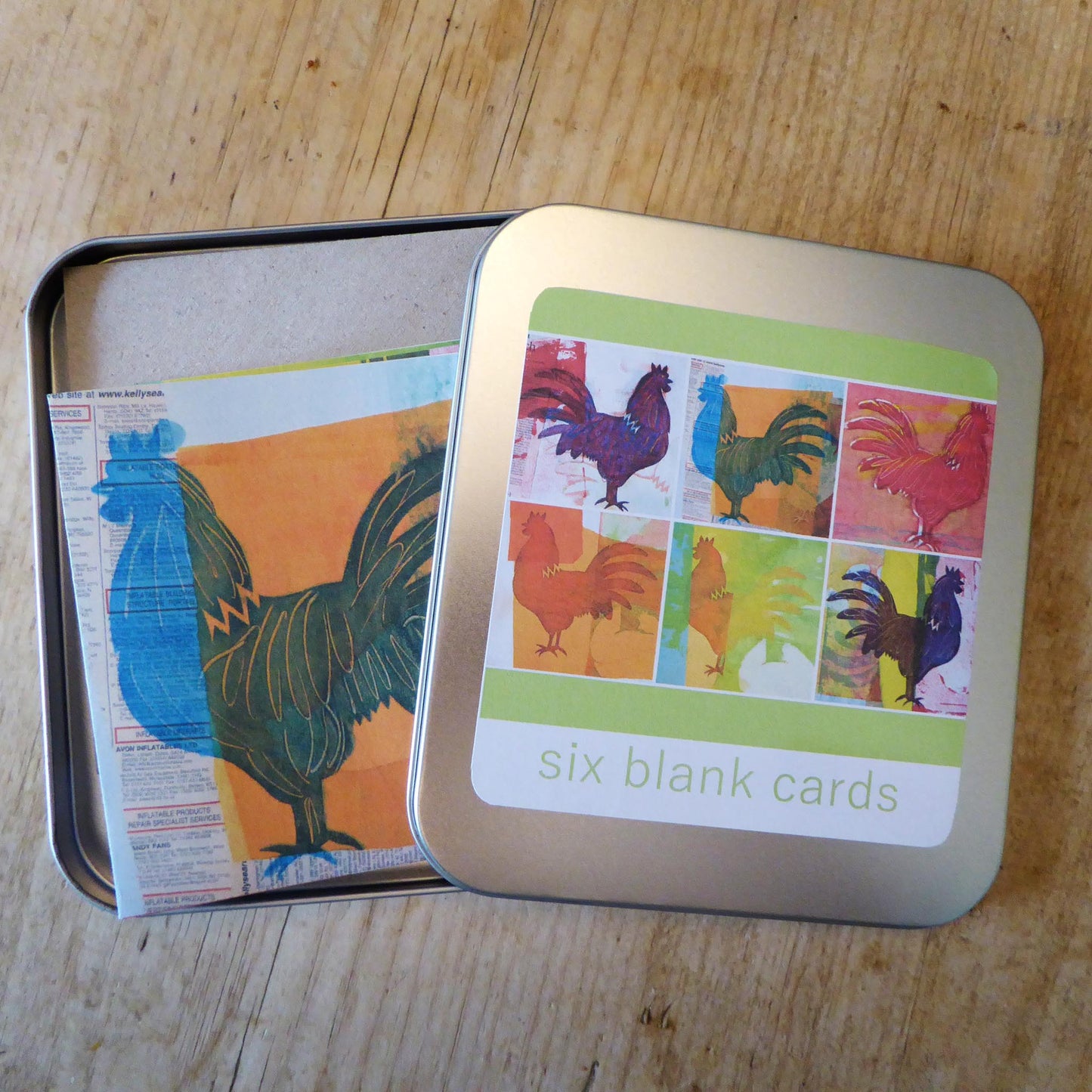 Tin of 6 Greetings Cards - Note cards - Chickens - recycled - Handmade - by Norfolk based artist Debbie Osborn