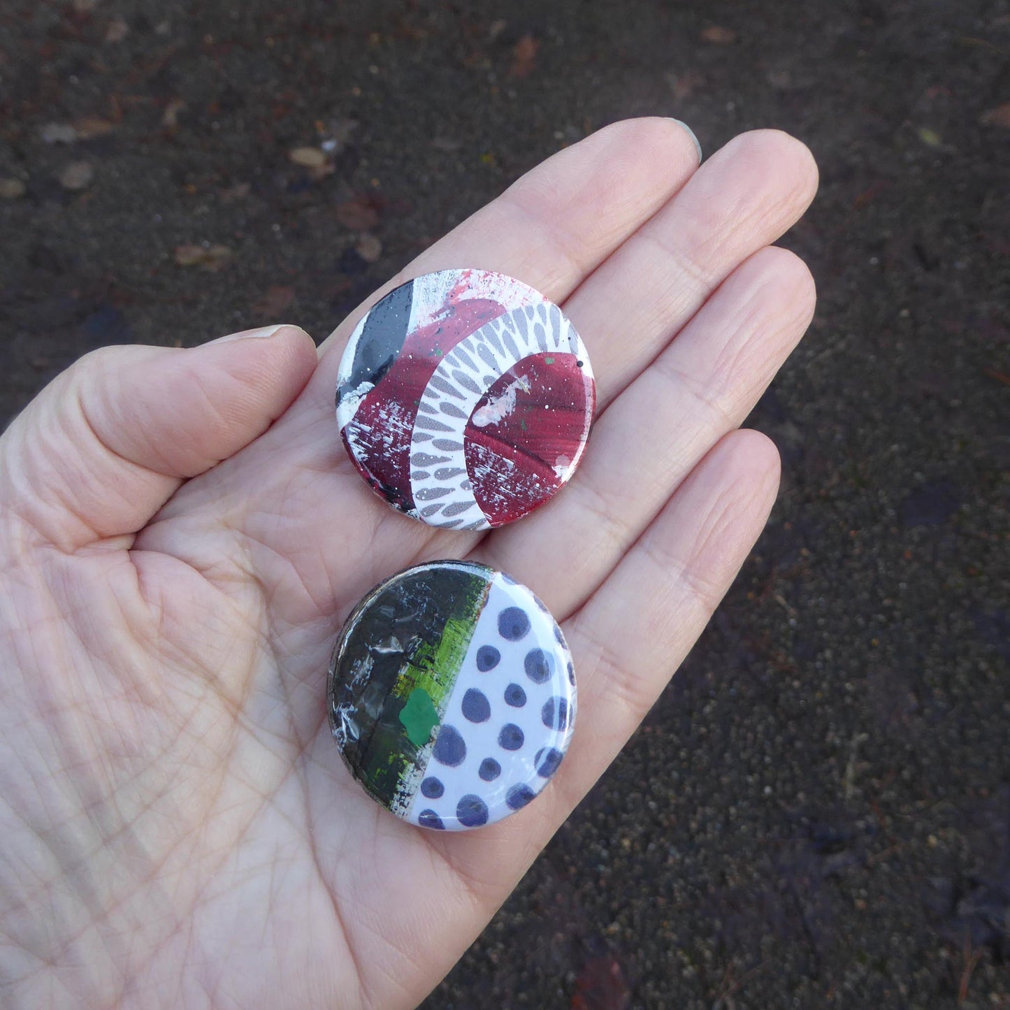Pack of two - collage - Button Badges - Red and white - Handmade