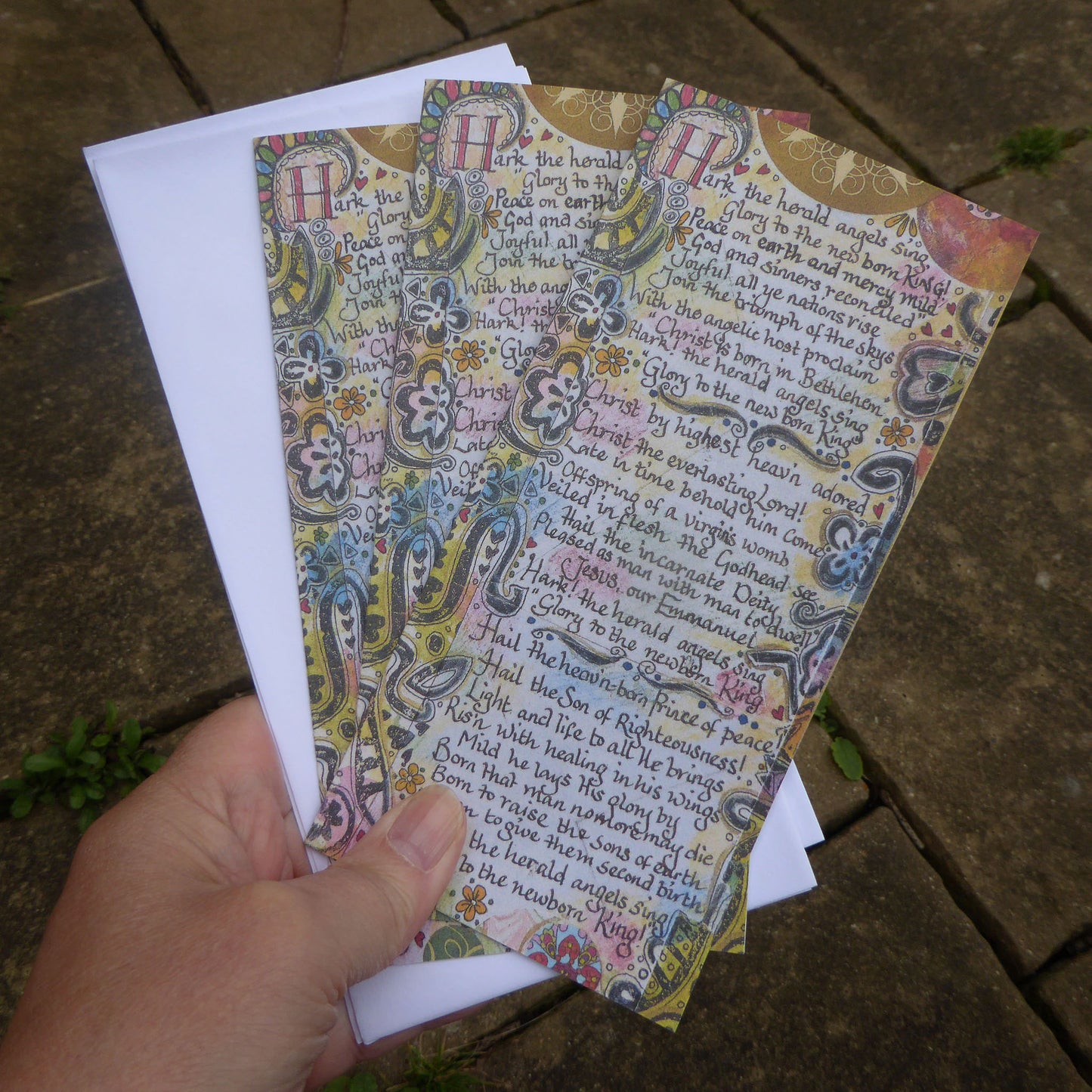 Set of 3 Christmas Cards - Hark the Herald Angels Sing - recycled - Handmade - by Norfolk based artist Debbie Osborn