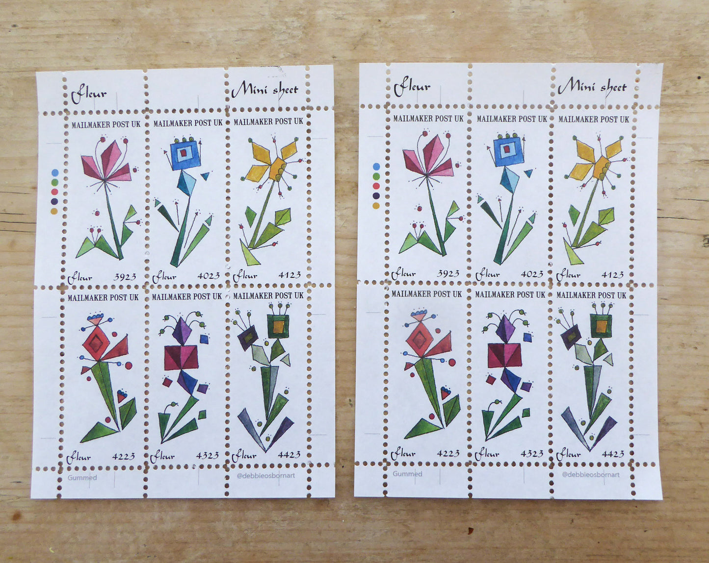 Faux Postage Stamps - 2 sheet set - Flowers - Cinderella Stamps - Mail Art Stamps - perforated - gummed - Handmade by Norfolk Artist Debbie Osborn