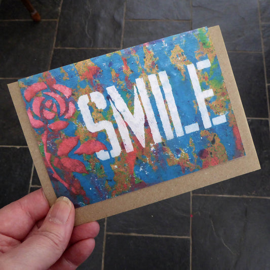Single Greetings Card  - friendship - Smile - Recycled - Handmade - by Norfolk based artist Debbie Osborn