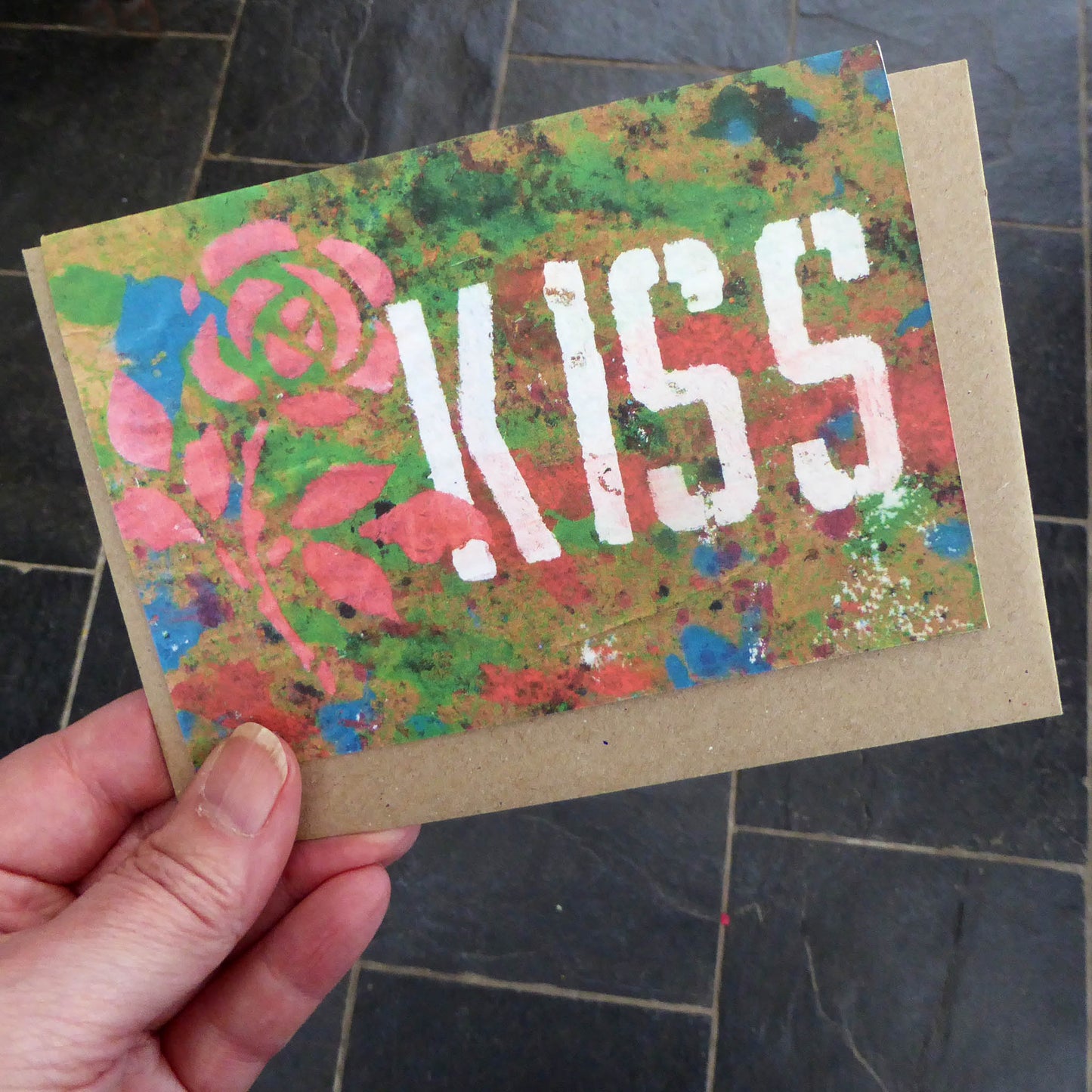 Copy of Single Greetings Card - Valentine - Kiss - Recycled - Handmade - by Norfolk based artist Debbie Osborn