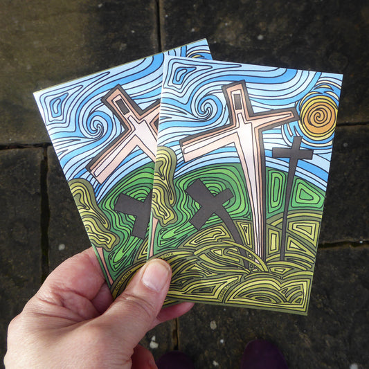 Easter Cards  - Pack of two - Easter Cross - Crucifix- Religious - reproduction of original Artwork - Recycled - Handmade - by Norfolk based artist Debbie Osborn