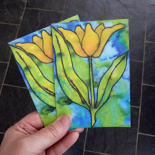 Easter Cards  - Pack of two - Non Religious - Yellow Tulip - Happy Easter  - reproduction of original Artwork - Recycled - Handmade - by Norfolk based artist Debbie Osborn