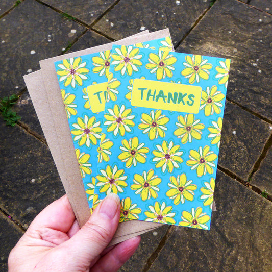 Thanks  - Pack of two Thank you Cards  - reproduction of original Artwork - Recycled - Handmade - by Norfolk based artist Debbie Osborn