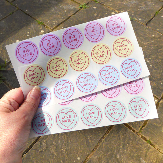 Pack of two sheets of stickers - love heart - Mail Art - Handmade by Norfolk Artist Debbie Osborn