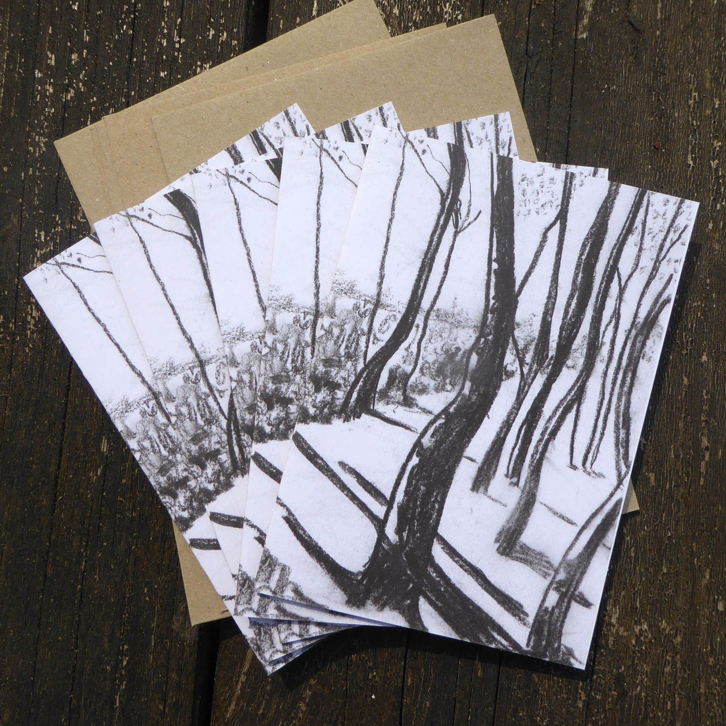 Note Cards - Pack of Five - Winter Tree Study - reproduction of original charcoal drawing - Recycled - Handmade - by Norfolk based artist Debbie Osborn