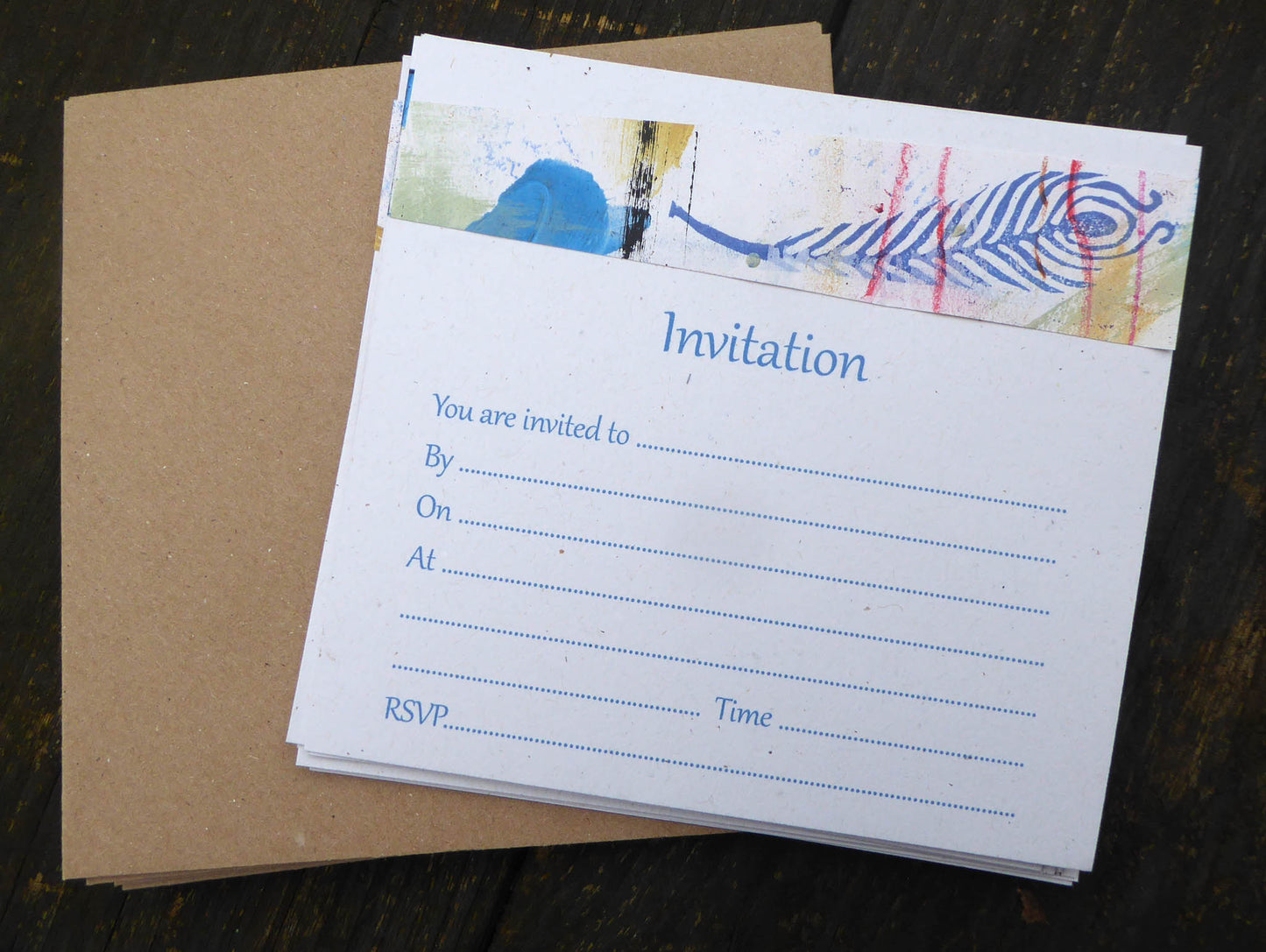 Set of 10 Invitation Cards - Blue - Special occasion - recycled - Original Art - Handmade - by Norfolk based artist Debbie Osborn