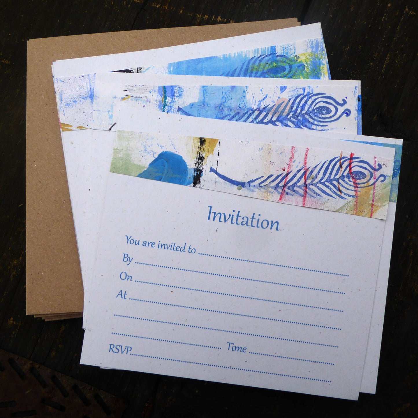 Set of 10 Invitation Cards - Blue - Special occasion - recycled - Original Art - Handmade - by Norfolk based artist Debbie Osborn