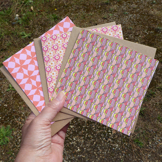 Set of 3 Greetings Cards - Orange - recycled - Handmade - by Norfolk based artist Debbie Osborn