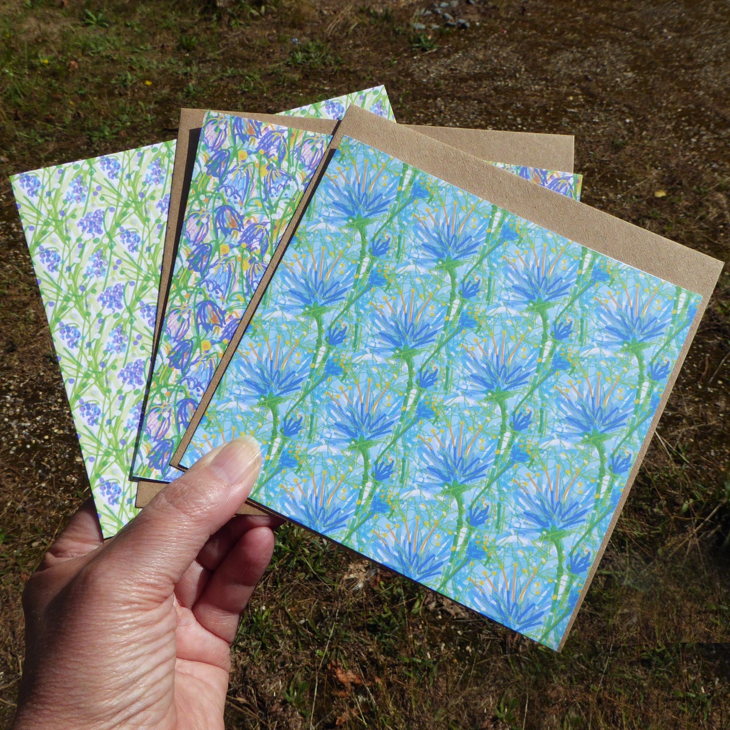 Set of 3 Greetings Cards - Blue - recycled - Handmade - by Norfolk based artist Debbie Osborn