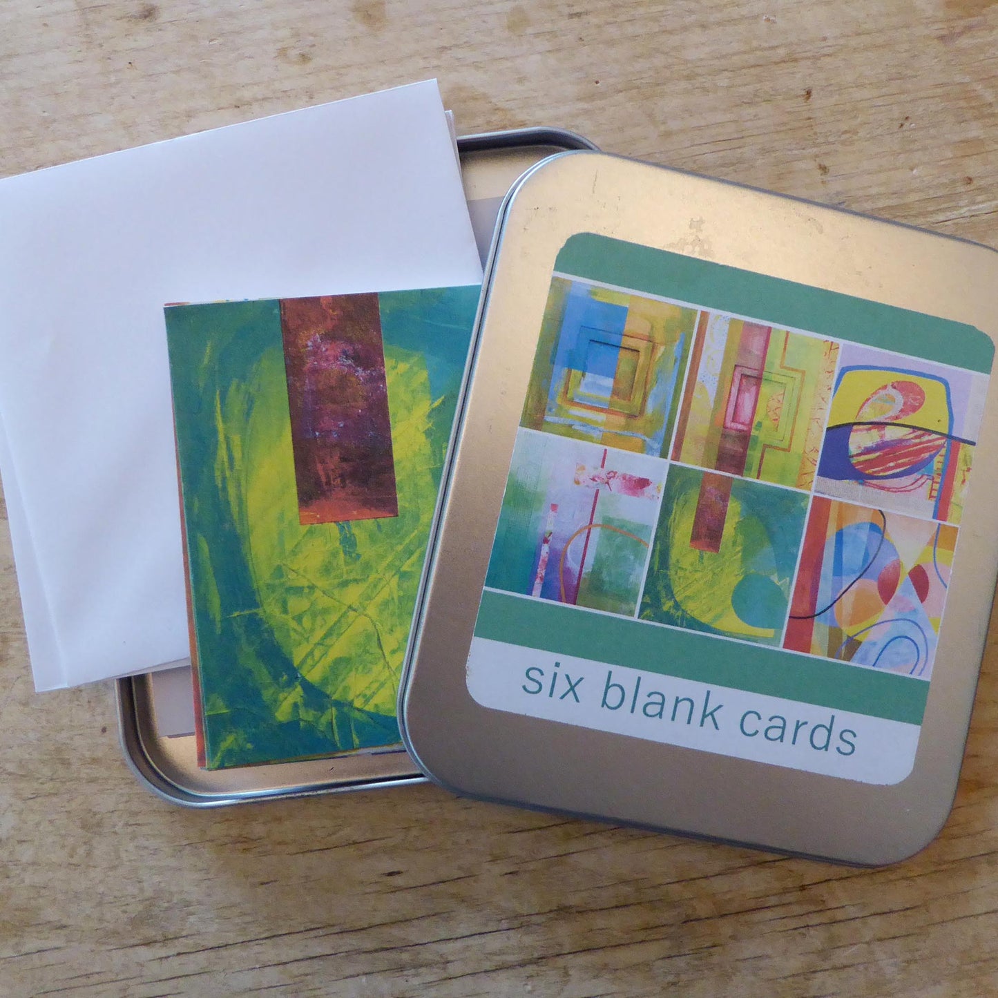 Tin of 6 Greetings Cards - Note cards - Abstract - recycled - Handmade -by Norfolk based artist Debbie Osborn