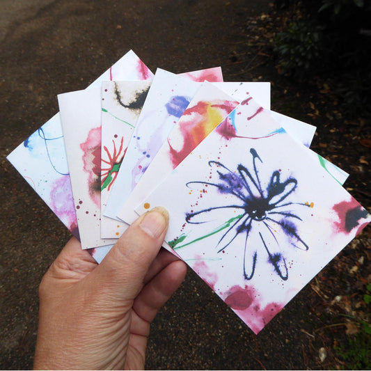 Tin of 6 Greetings Cards - Note cards - Flowers - recycled - Handmade - by Norfolk based artist Debbie Osborn
