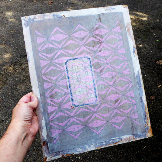 Original Drawing - Untitled - Pink Geometric pattern - Graphite and Prismalo colour on recycled board - by Norfolk based artist Debbie Osborn