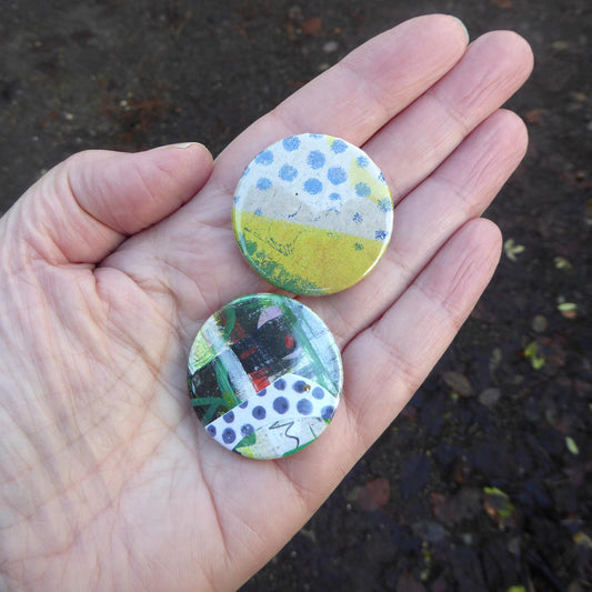 Pack of two - collage - Button Badges - Green and red- Handmade