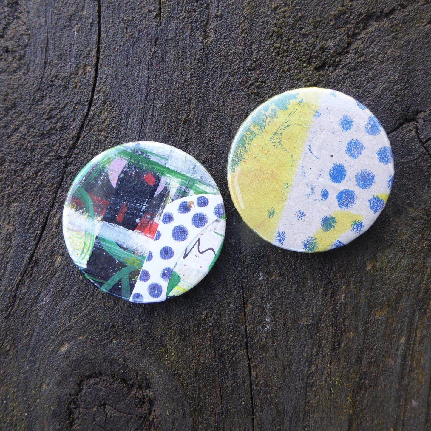 Pack of two - collage - Button Badges - Green and red- Handmade