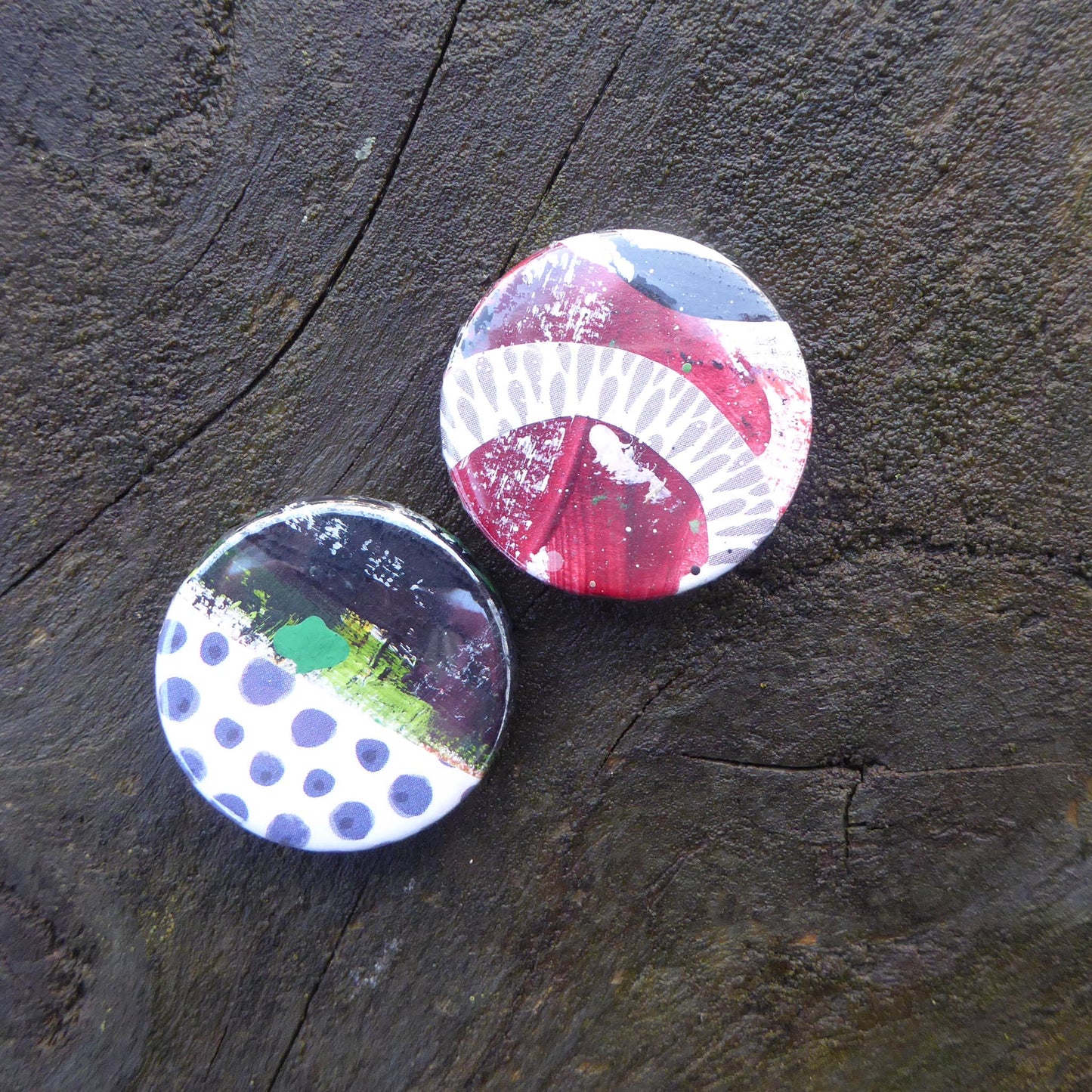 Pack of two - collage - Button Badges - Red and white - Handmade