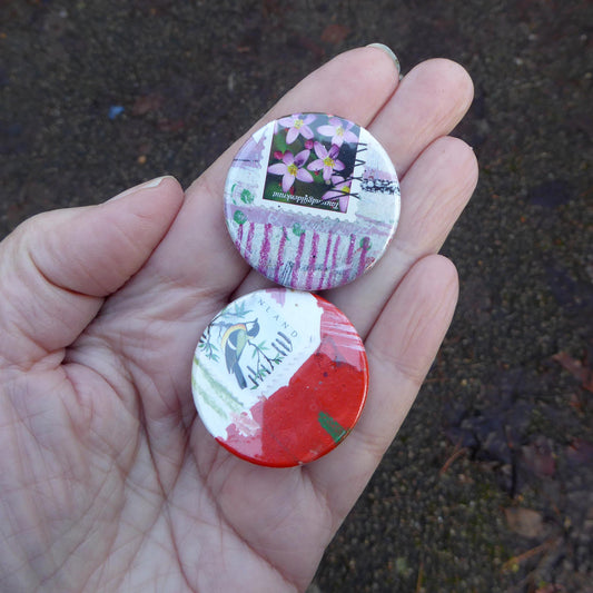 Pack of two - collage - Button Badges - Red and white - Handmade