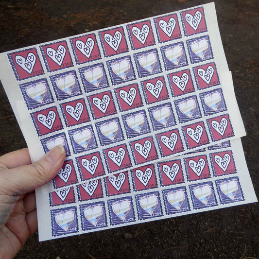 Faux Postage Stamps - stickers - Hearts - Cinderella Stamps - Mail Art - Handmade by Norfolk Artist Debbie Osborn